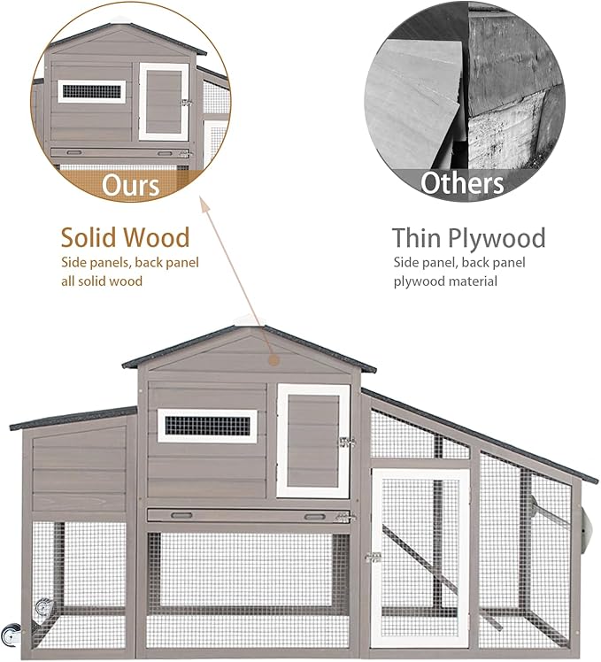 Chicken Coop with Run Mobile Large Nesting Box - Back Yard Wooden Chicken House Outdoor Poultry Cage, UV Proof Asphalt Roof