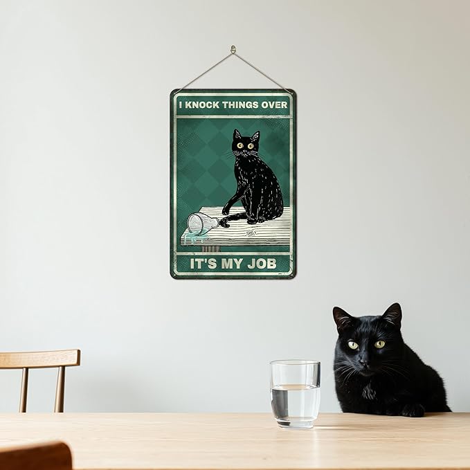 Funny Black Cat Tin Sign - Vintage "I Knock Things Over" Retro Decor, Sarcastic Metal Sign for Home, Kitchen, Bar, Unique Cat Lover Gifts, 8x12 Inch