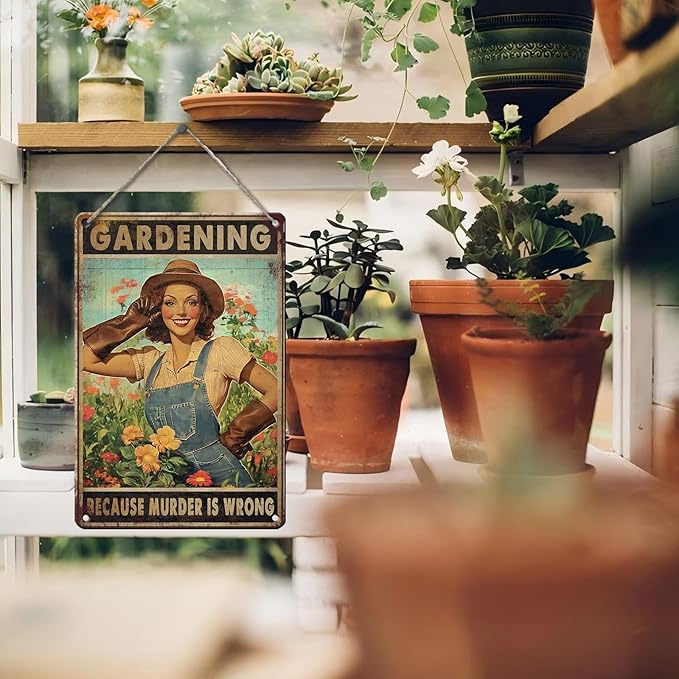 PEACHGARDEN Vintage Garden Sign Gardening Because Murder Is Wrong Retro Rustic Metal Tin Sign Funny Gardening Gift for Women Outdoor Wall Decor for Garden Lovers 8x12inch