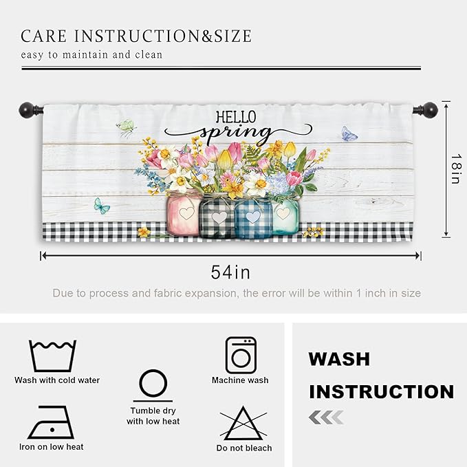 Miyotaa Hello Kitchen Curtain Valance 54W x 18H Rod Pocket Flower Rustic Farmhouse Plant Botanical Plaid Baffulo Window Treatment for Living Room Bedroom Bathroom Laundry