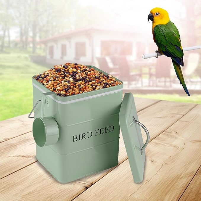 Morezi Bird seed and feed storage tin with lid Included Green-coated Metal Tight Fitting Lids - storage canister tins