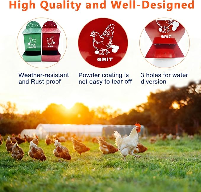 2 Pack Chicken Feeder,Large Capacity Oyster Shell Feeder with Lid,Metal Chicken Grit and Oyster Shell Feeder with 1 Scoop,Heavy-Duty Chicken Coop Accessories Rust Proof