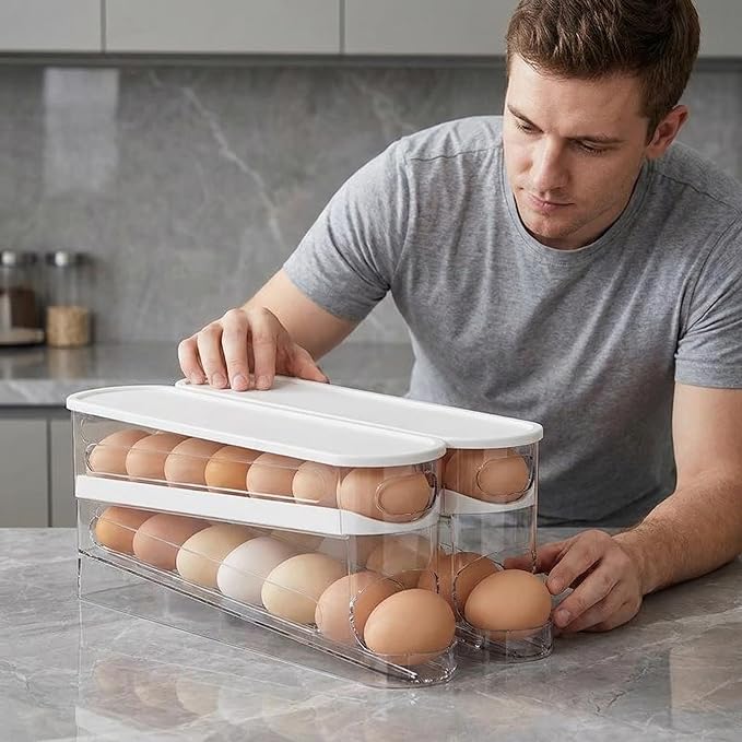 Auto-Rolling Egg Dispenser with Lid - Transparent Fridge Egg Organizer, Space-Saving Refrigerator Storage Box with Slide Design for Side Door, Stackable & Easy Access (1 Pack)