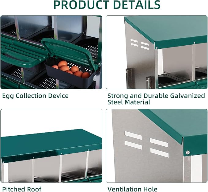 Chicken Nesting Box, 10-Hole Metal Wall Mount Chicken Laying Boxes with Legs and Lid Cover, Easy to Assemble, Roll-Away Egg Design Nesting Boxes for Outdoor Chicken Coop & Farm Yard, Green