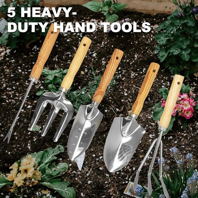 Garden Tool Set, 5 Piece Stainless Steel Gardening Hand Tools Including Graduation Shovel, Hand Rake, Transplanter, Trowel, Hand Cultivator