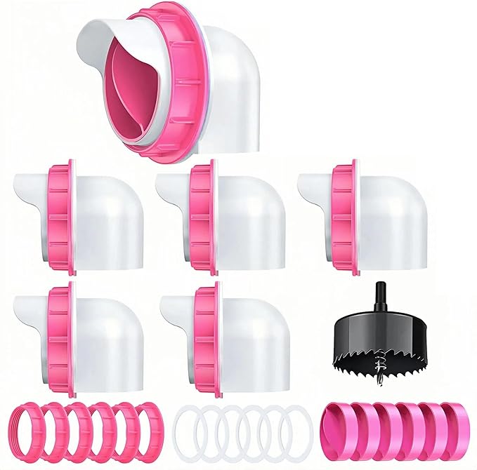 Chicken Feeder Port, 6 Pack Chicken Feeders No Waste with 6 Lids 1 Drill Bit, DIY Automatic Poultry Feeder Cups Kit, Chicken Bucket Feeder for Barrels (Pink)