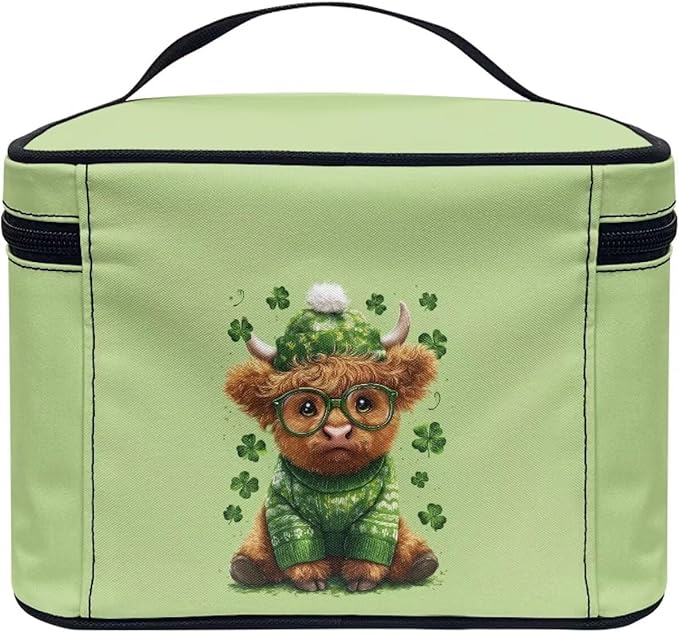 Travel Makeup Bags for Women Portable Tote Cosmetic Case with Carry Handle Toiletry Accessories Storage Organizer Bags for St. Ptrick's Day, Shamrock Highland Cattle Green