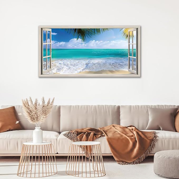 Beach Window Wall Art Ocean Palm Pictures Wall Decor Coastal Large Canvas Prints Paintings Home Office Decorations Framed Artwork for Living Room 60"x30"