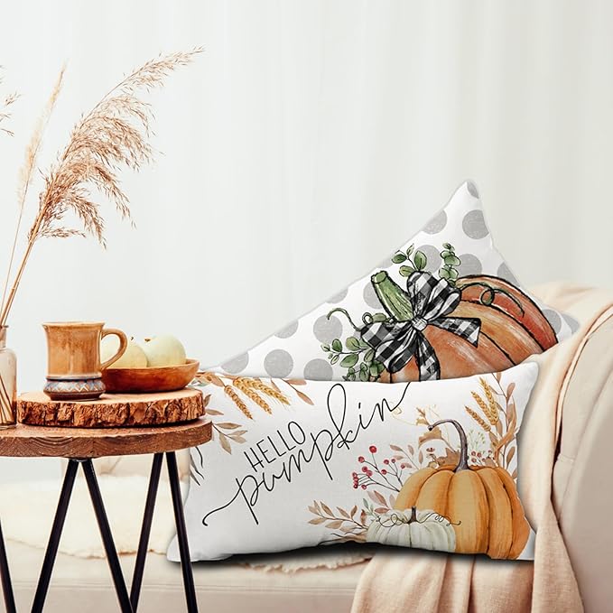 Fall Pillow Covers 12x20, Autumn Outdoor Decorative Throw Pillow Covers, Hello Pumpkin Pillow Cases for Couch Porch, Thanksgiving Cushion Covers, Harvest Pillows Decor