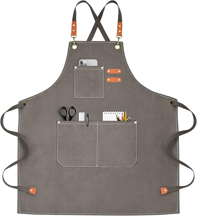Chef Apron for Men Women Canvas Aprons with 3 Pockets Cross Back Resistant Work Apron for Cooking