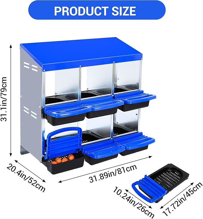 Chicken Nesting Box 6-Hole Roll Away Egg Laying Box with Lid, Galvanized Steel Rustproof Poultry Coop Box, Wall Mountable No Bracket Needed for Hens, Blue