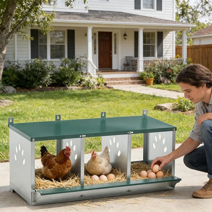 3 Compartment Metal Chicken Nesting Box, Roll Out Hen Laying Box for Easy Egg Collection, Wall Mount Poultry Nest Box for Backyard Chickens, Green, 32.09" L x 16.34" W x 15.35" H