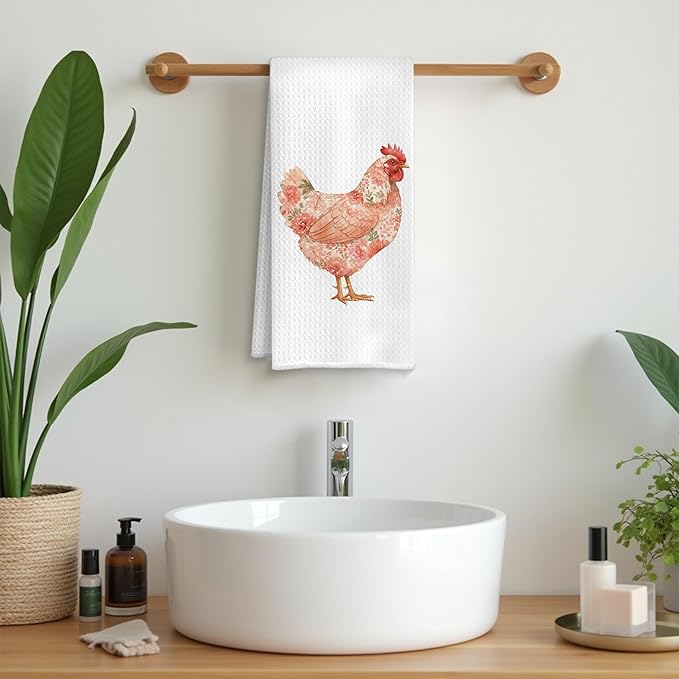 Rustic Pink Floral Rooster Kitchen Towels, Gifts for Chicken Lovers Dish Tea Towels, Farmhouse Flower Chicken Decorative Hand Towel for Bathroom Kitchen, 16x24 Inch