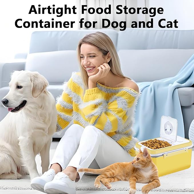 Sanbo Cat Food Storage Container Stainless Steel with Scoop, Airtight Pet Metal Food Storage Bin,Cat Food Canister,Storage Box with Date Tracker for Kitchen (Yellow, 10L)