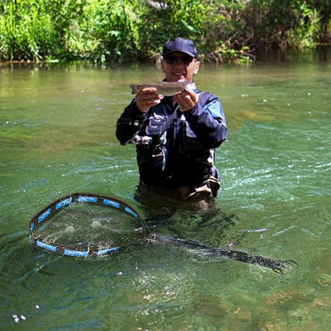 PLUSINNO Fishing Net Fish Floating Landing Net, Kayak Nets with Fixed Foldable Telescopic Pole Handle, Bass Trout Fishing Nets with Nylon Mesh for Pond Lake River, Fishing Gear Gifts for Men Anglers