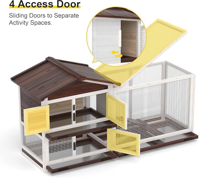 Rabbit Hutch Indoor Bunny Cage Outdoor Rabbit Cage 2 Tier Wooden Guinea Pig Cage with Runway and 3 Pull Out Trays, 4 Opening and Closing Doors