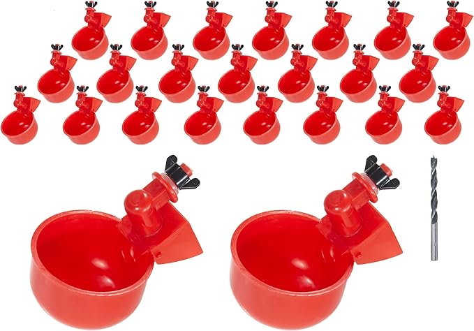 Chicken Waterer Cups, Automatic Chicken Drinkers, Chicken Water Dispenser,Poultry Drinker Set with Drill (Red, 24 Pack)