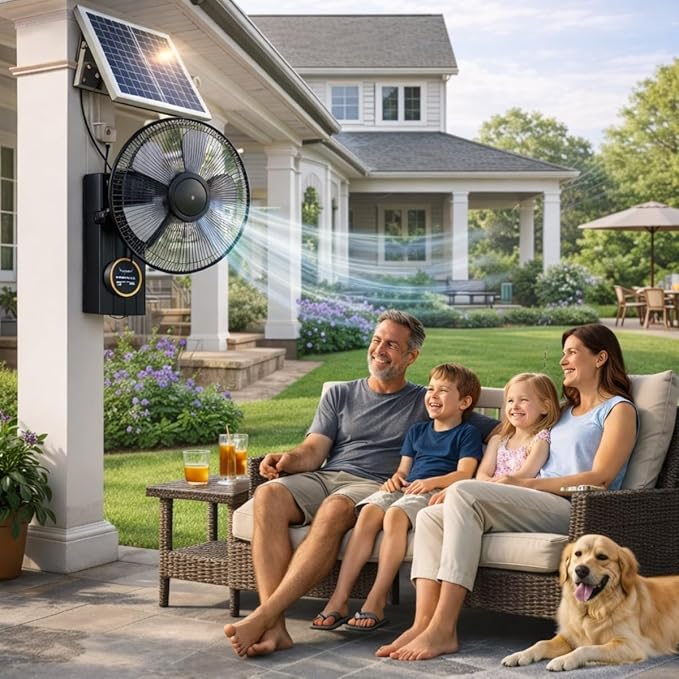 Solar Fan 16 Inch Wall Mounted Fan Indoor, Solar Fans for Outside, Solar Powered Fans With Remote Control, 5 Blades, 3 Speeds, Timer, Adjustable Tilt, Solar Panel, Power Adapter
