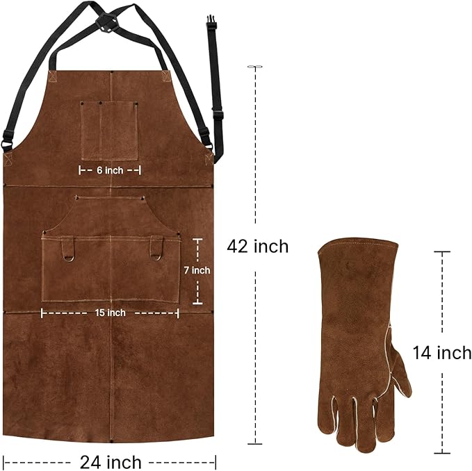 eletecpro Heavy Duty Leather Welding Apron Genuine Cowhide Flame & Heat Resistant Adjustable 42Lx24W with 6 Tool Pockets and Gloves for Mechanic, BBQ, Woodworking, Gardening, Men & Women Gift, Brown