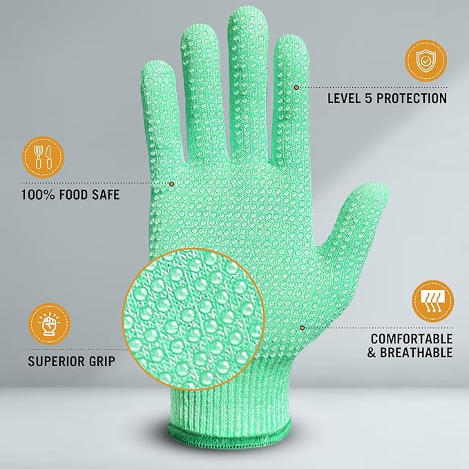 Evridwear Cutting Gloves Level 5 Cut Resistant, Food Safe Gloves with Non-Slip Grip for Kitchen, Meat Cutting & Mandoline Use, 2 Pairs (S, Green + Gray)