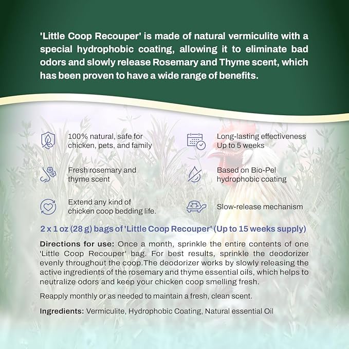 Little Coop Recouper | a New Generation Of Urban Chicken Coop Deodorizer | Unique Slow Release Formula | Natural Fresh Scent | Up to 15 Weeks Supply | 4x0.5oz (Rosemary & Thyme)