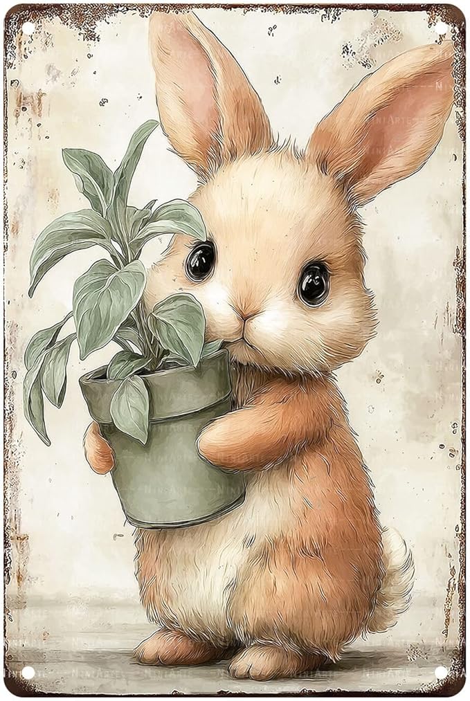 Easter bunny Tin Sign metal plaque Vintage bunny art gift for garden bedroom living room kitchen wall decoration 8X12Inch