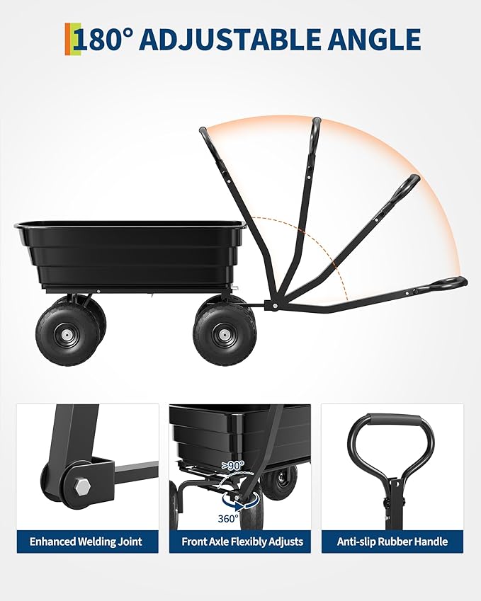 Heavy Duty Poly Garden Dump Cart 1200 lbs, 125L Utility Wagon Wheelbarrow with 10" All-Terrain Tires, Quick Release, 180° Adjustable Handle for Yard, Lawn, Landscaping, Black | 1200 lbs. load capacity