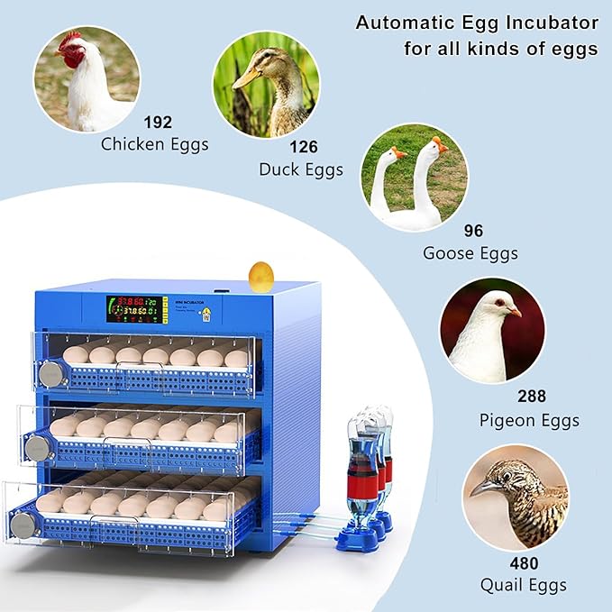 Automatic Eggs Incubator, Large Incubators for Hatching Eggs with Automatic Egg Turning & Temperature Control, Poultry Hatcher Machine for Chicken Duck Goose Quail Bird (192 Eggs)
