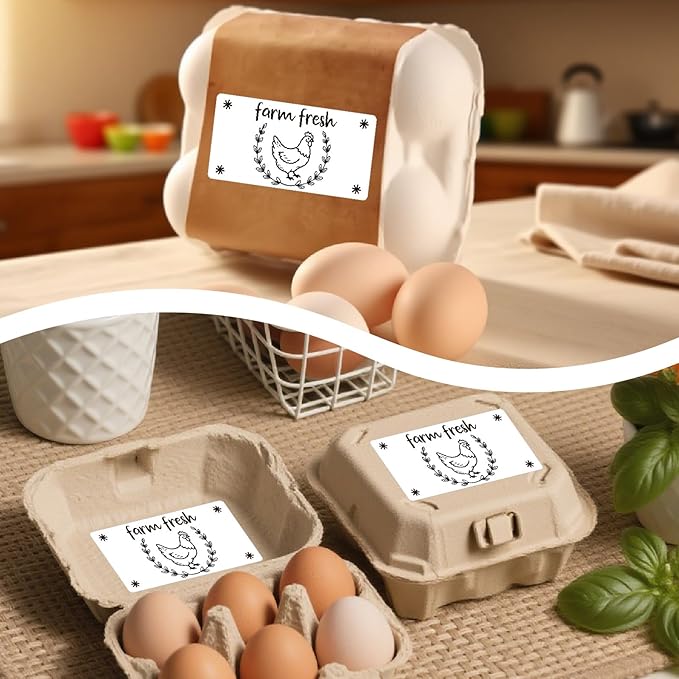 60Pcs 2" x 4" Farm Fresh Egg Carton Sticker Rectangle White Self Adhesive Fresh Egg Labels Cartoon Packaging Stickers Tags for Box Containers Business Farmhouse Market Supplies