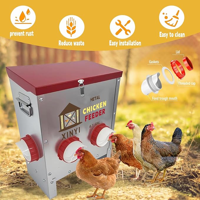 25lbs Metal Chicken Feeder, 4 Ports Galvanized Feeder, Goat Proof Auto Chicken Feeder, Weatherproof Chicken Food Dispenser System for Outdoor Coop,4.1 Gallon