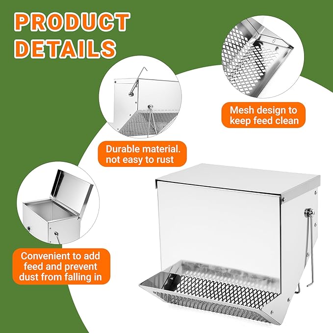 Rabbit Feeders Automatic for Cages,3.5 Pound Large Metal Trough Feeder with Lid Galvanized Steel Outdoor Bunny Food Dispenser for Rabbits Chicken Guinea Pig Pet and Other Small Animals