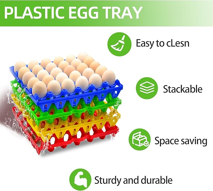 4-Pack Plastic Egg Tray Egg Crate, 30-Egg Flats for Home Chicken Farmers, Stackable & Durable, Great for Storing, Sorting & Shipping, and Reusable (4-Pack Green)