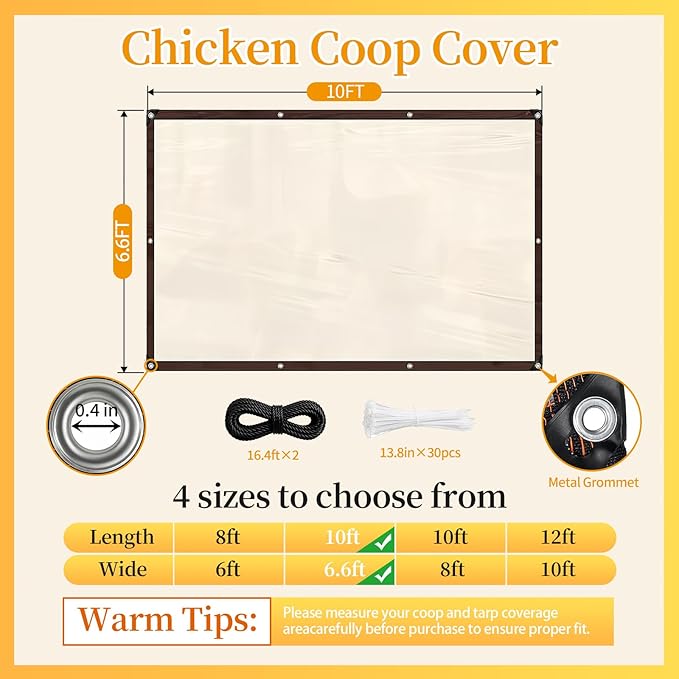 Chicken Coop Cover for Winter, Waterproof Clear Tarp with Metal Grommets, Rope & Cable Ties, Durable Easy Install Chicken Run Cover Winter Wrap, Insulated Poultry Supplies for Outdoor Patio Porch