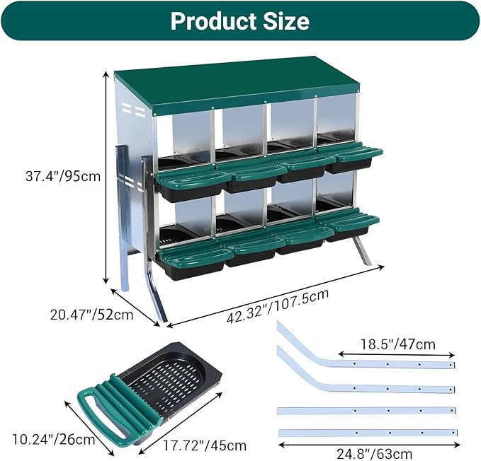Nesting Boxes for Chickens, Chicken Nesting Box, with Lid Cover to Protect Eggs, 8 Holes with Legs, Green