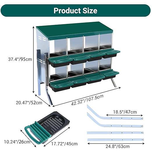 Garvee Chicken Nesting Boxes, 8 Hole Metal Chicken Laying Box with Removable Trays and Roll Out Egg Collection for Chicken Coop, with Metal Legs, Green