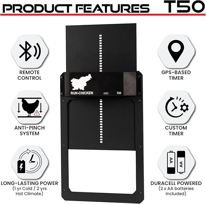RUN-CHICKEN Door T50 – Automatic Chicken Coop Door Opener, Battery Powered & Weatherproof Aluminum, Smart App & Timer Control, Predator Proof, Easy Install, Reliable All-Season Performance (Onyx)