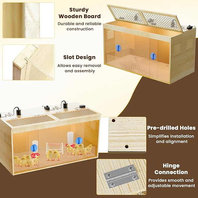 Brooder Box for Chicks, 32 Inch Wooden Large Chicken Brooder Box with 75W Heating Lamps, Thermometer, Chicken Feeder & Waterer Set, Tin Foil, Poultry Breeding Kit, for 12-15 Chicks Ducks Quail