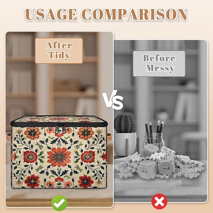 Boho Vintage Floral Pattern Storage Bins with Zipper Lid Fabric Storage Containers for Clothes Collapsible Closet Storage Basket with Metal Frame 2 Pack