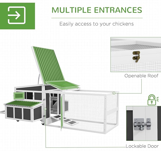 PawHut Wooden Chicken Coop, Chicken Tractor with Large Run for 6 Chickens, Outdoor Poultry Cage Rabbit Hutch Duck Coop Hen House with Nesting Box, Tray, Windows, Dark Gray
