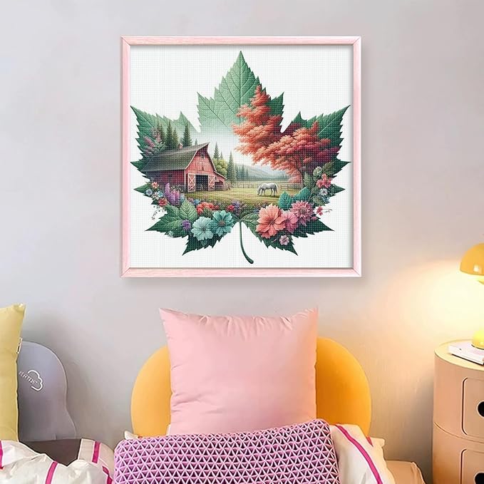 Maple Leaf Farm Stamped Cross Stitch Kits for Adults Beginners - 45x45cm 11CT Pre-Printed Embroidery Needlepoint Starter Kit, DIY Craft Perfect for Fall Decor Thanksgiving Christmas Gift