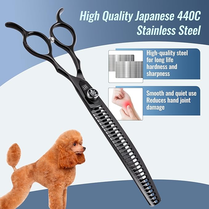 Dog Grooming Scissors: 7.5 inch Bright Black Professional Pet Curved Chunker Shears Made Of Japanese 440C Advanced Stainless Steel for Dogs Cats and Other Pets