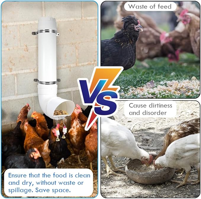 Kalakey Automatic Chicken Feeder, Hanging PVC Tube Chicken Coop Feeder with Chew Toy Bell, Holds 6lbs Feed for Hens Chicks, Grit and Oyster Shell Feeder
