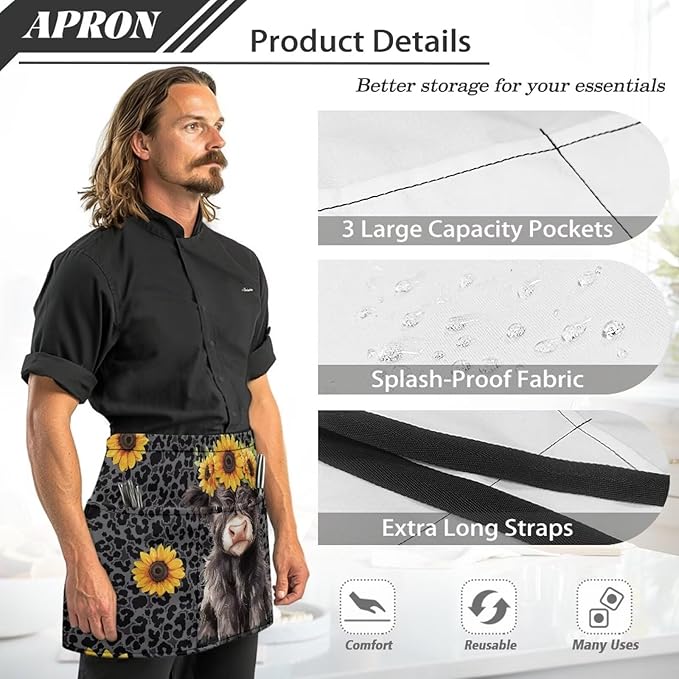 Waistress Apron with Pockets Coffee Waiter Apron Long String Chef Half Aprons for Cooking Kitchen Hairdresser