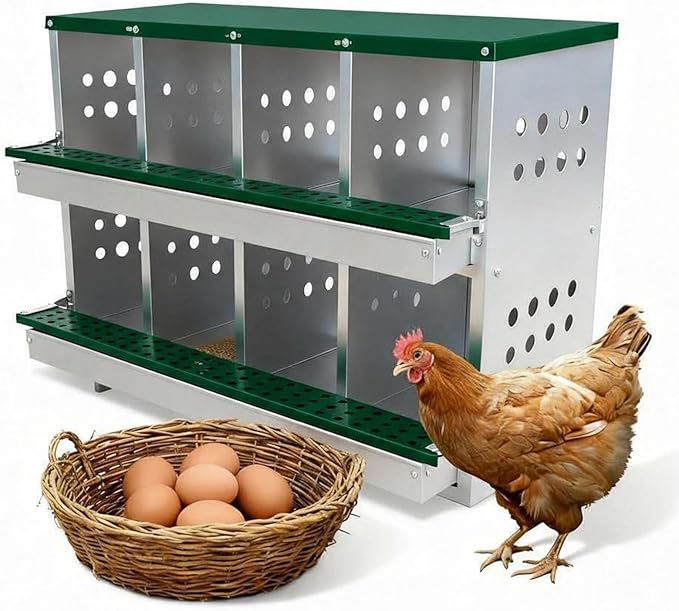 GarveeLife Wall-mountable Roll Away Metal Chicken Nesting Box for Laying Eggs, Rustproof Chicken Laying Boxes for Hens, Ventilated with Perch, Waterproof (Green, 8 Compartments with 8 Fake Eggs)
