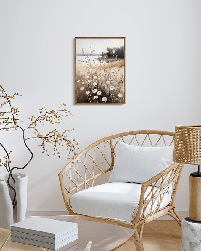 InSimSea Framed Canvas Wall Art for Living Room Landscape Wall Decor Meadow with Flowers Vintage Paintings Classical Wildflower Field Scene Boho Floral Pictures Decor for Bathroom Bedroom 12x16in