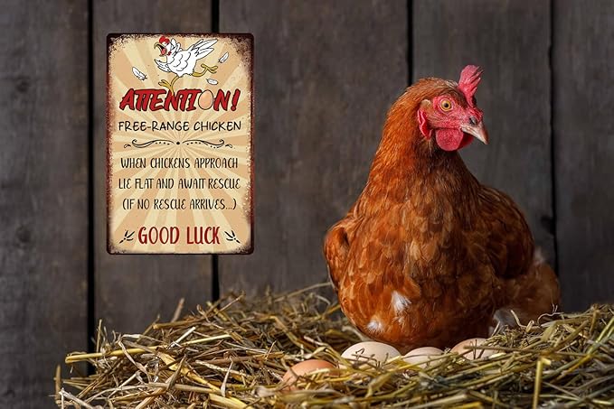 Retro Funny Chicken Tin Sign,Vintage Chicken Coop Metal Poster, Farm Free-Range Chicken Wall Art Decor for Outdoor Home Fence Kitchen Bedroom,Gifts 8×12 Inches (FREE-RANGE CHICKEN)