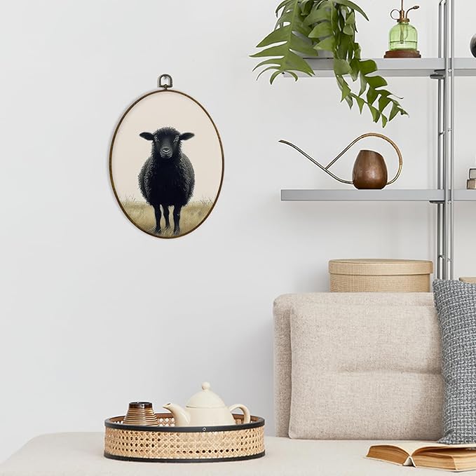 dvhdajed Vintage Black Sheep Oval Wall Art Decor, Easter Farmhouse Sheep Framed Canvas Art,Gifts for Sheeps Lovers Women, Cottagecore Sheeps Oval Wall Hanging Decor for Nursery Bedroom, 8.7x11.3