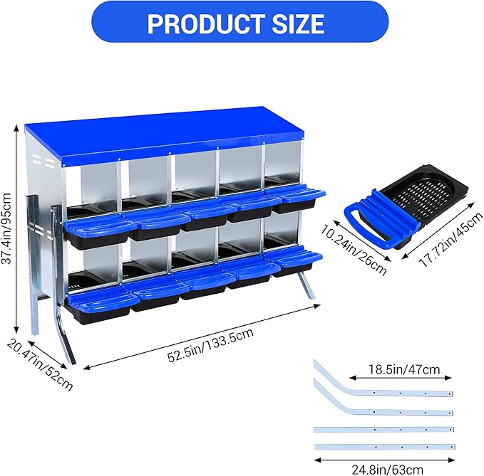 Chicken Nesting Box 10-Hole Roll Away Egg Laying Box with Lid & Stand, Galvanized Steel Rustproof Poultry Coop Box, Easy Clean, Wall Mountable No Bracket Needed for Hens, Blue