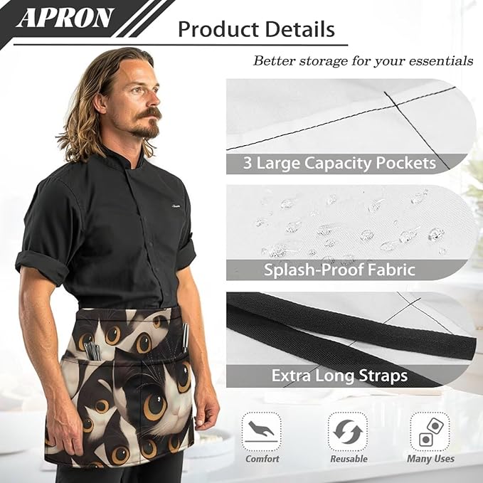 Waist Apron with 3 Pockets Waterproof 13 Inch Short Half Waist Aprons Women Men Server Aprons Waitress Waiter Apron