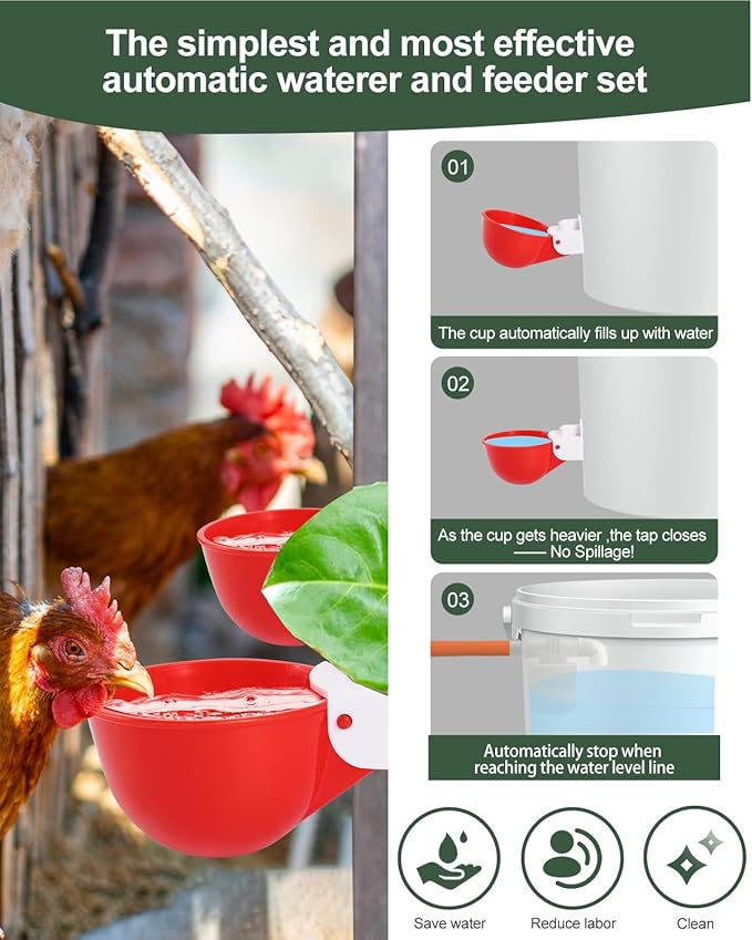 DIY Automatic Chicken Waterer Kit - 4 Chicken Water Cups, Float Valve, Drill Bit, 4 Hose Clamp, Teflon Tape - Universal for Poultry